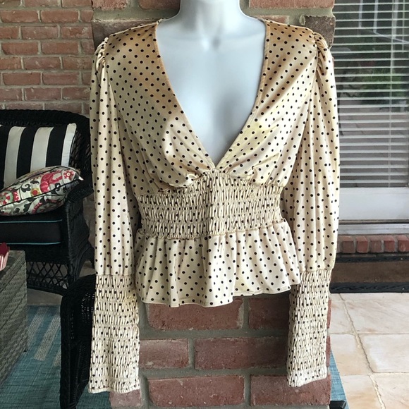 LULU’S Chic Upgrade Cream Black Polka Dot Velvet VNeck Smocked Hem Sleeves XL - Picture 2 of 10
